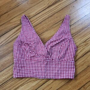 Brandy Melville Red Gingham Checkered Red White Sleeveless V-neck Crop Tank Top